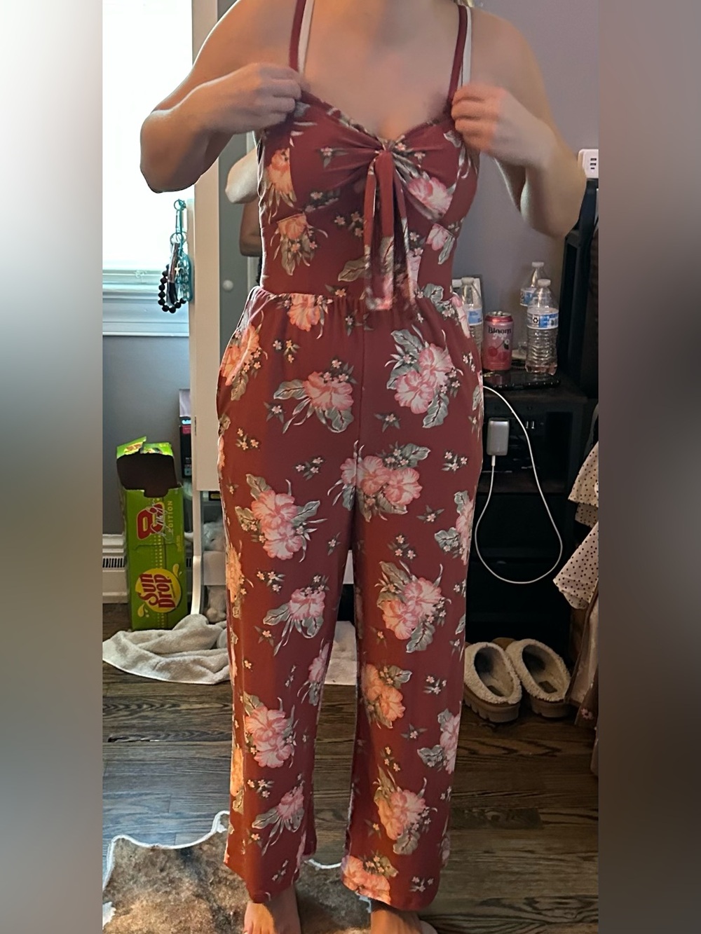 No Boundaries Rust Floral Tie-Front Jumpsuit